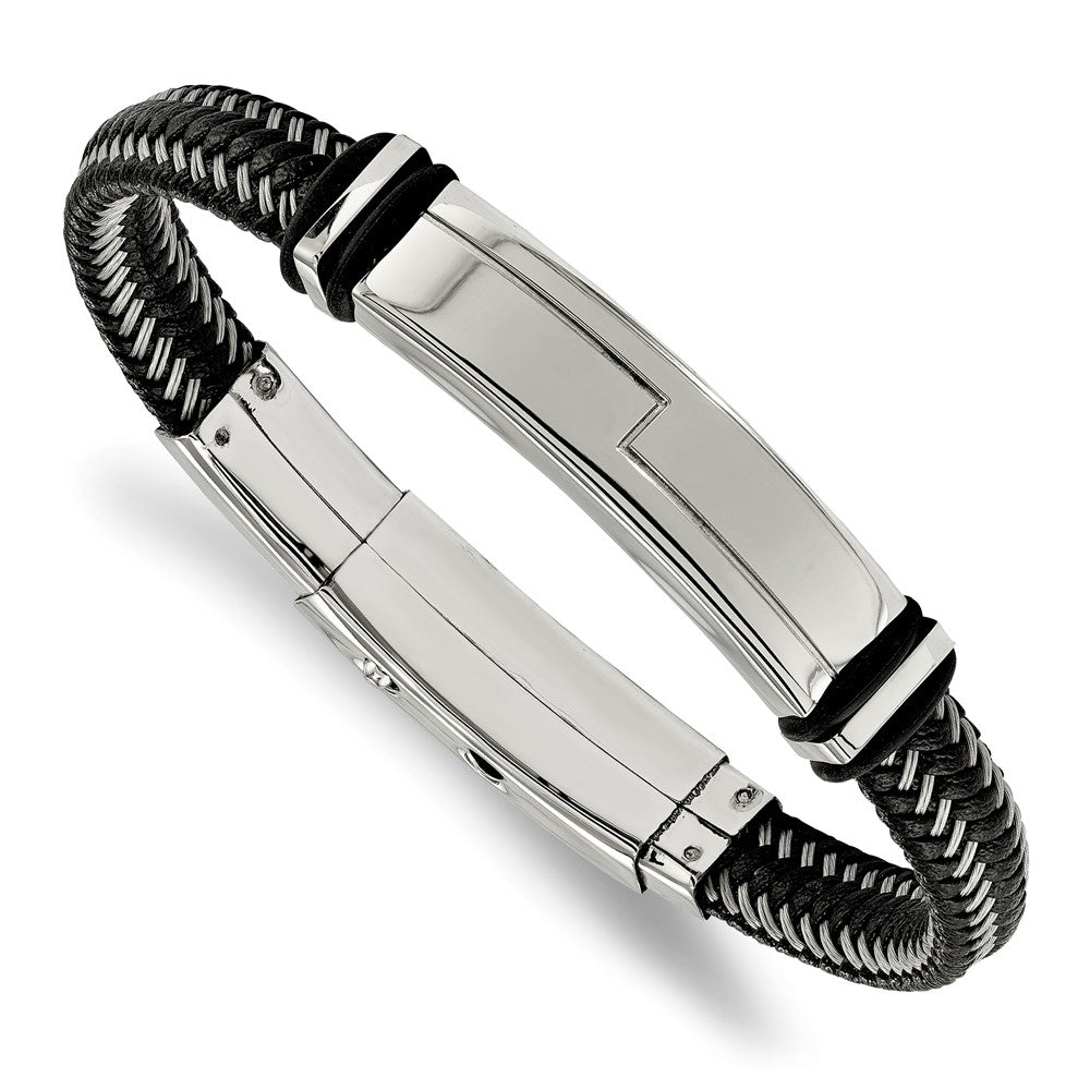 Chisel Stainless Steel Polished Braided Wire and Black Leather with Rubber Adjustable 8.25 to 8.75 inch ID Bracelet, 8 mm
