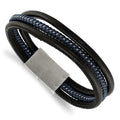 Chisel Stainless Steel Brushed Wire Multi Strand Black and Blue Braided Leather 8 inch Bracelet, 8 x 12.53 mm