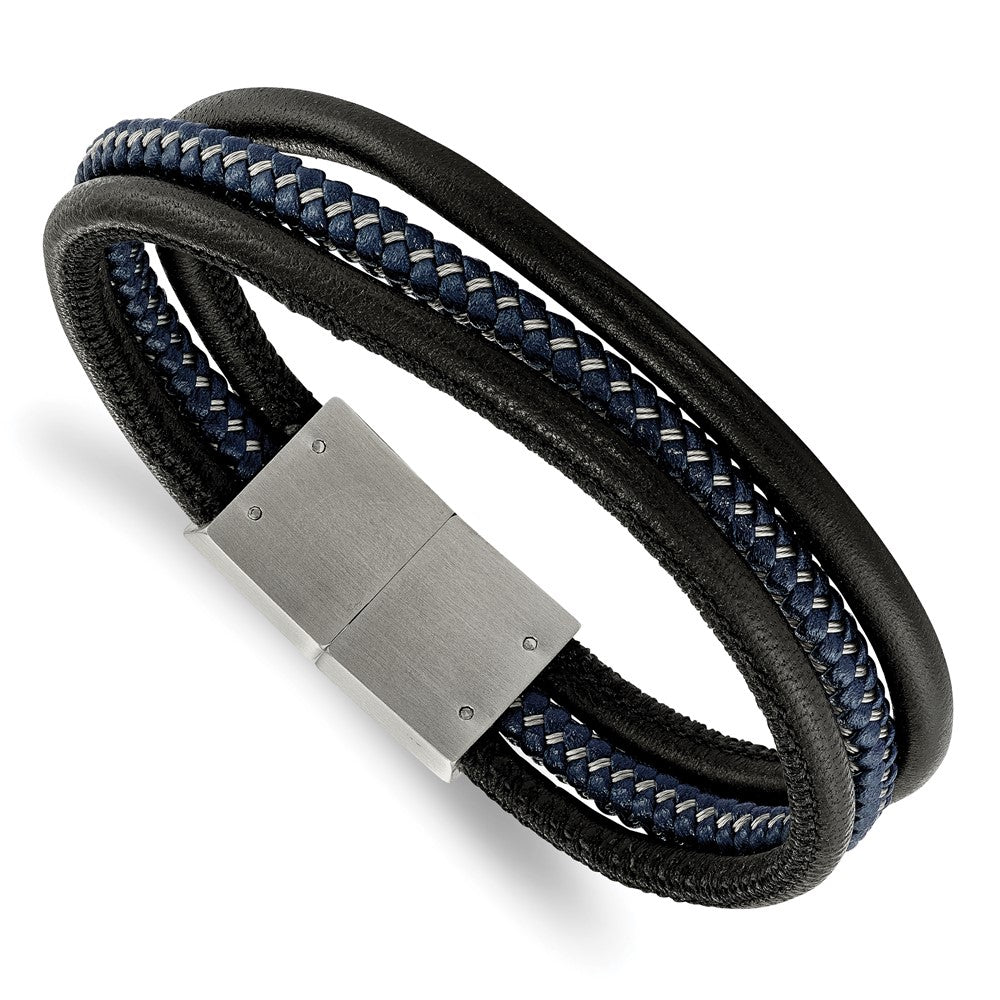 Chisel Stainless Steel Brushed Wire Multi Strand Black and Blue Braided Leather 8 inch Bracelet, 8 x 12.53 mm