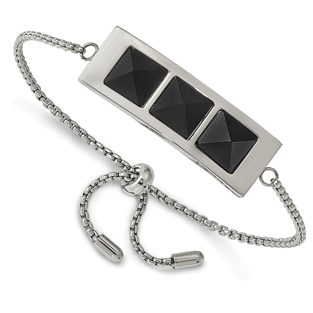 Stainless Steel Brushed and Polished w/Solid Blk Carbon Fiber Adj Bracelet, 1.45 mm