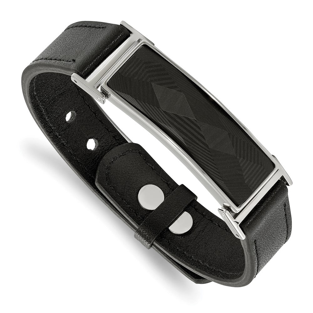 Chisel Stainless Steel Polished Black Leather with Black Carbon Fiber Inlay Adjustable 7 to 9.25 inch Bracelet, 15 mm