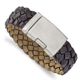 Stainless Steel Brushed Brown Leather 9in ID Bracelet, Size 8, 9 mm