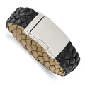 Stainless Steel Polished Black Leather 9in Bracelet, Size 8, 9 mm