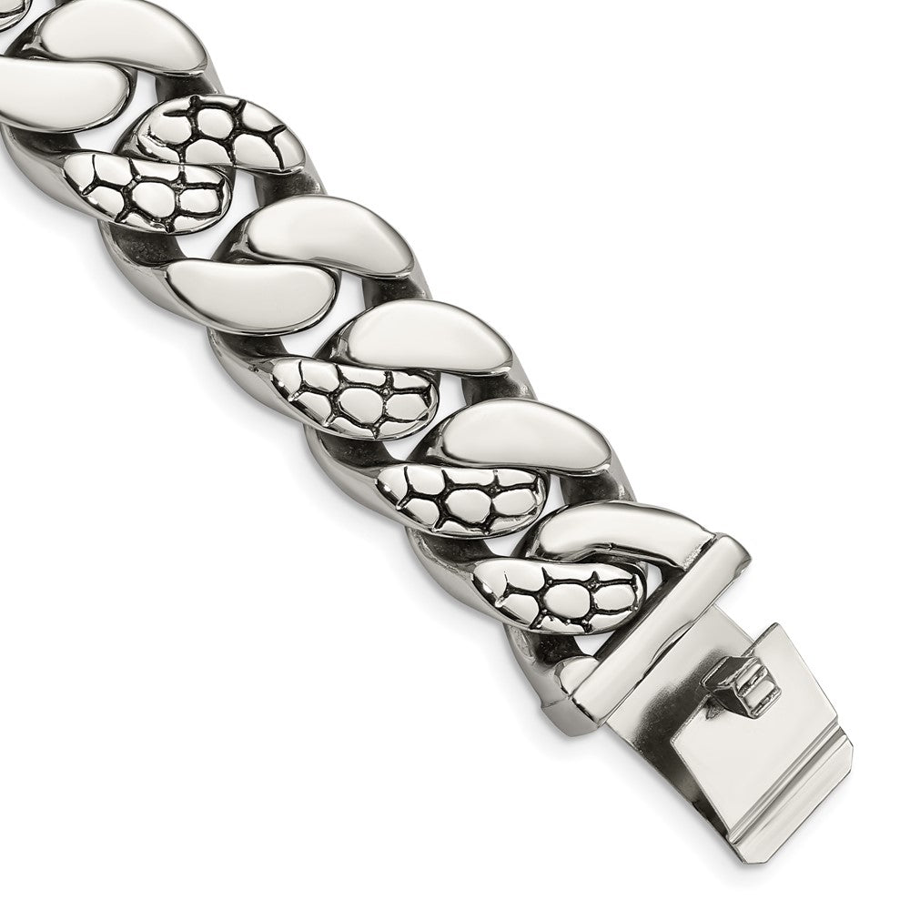 Chisel Stainless Steel Polished and Textured Snake Skin Design 8.5 inch Curb Bracelet, 8.5 x 19 mm