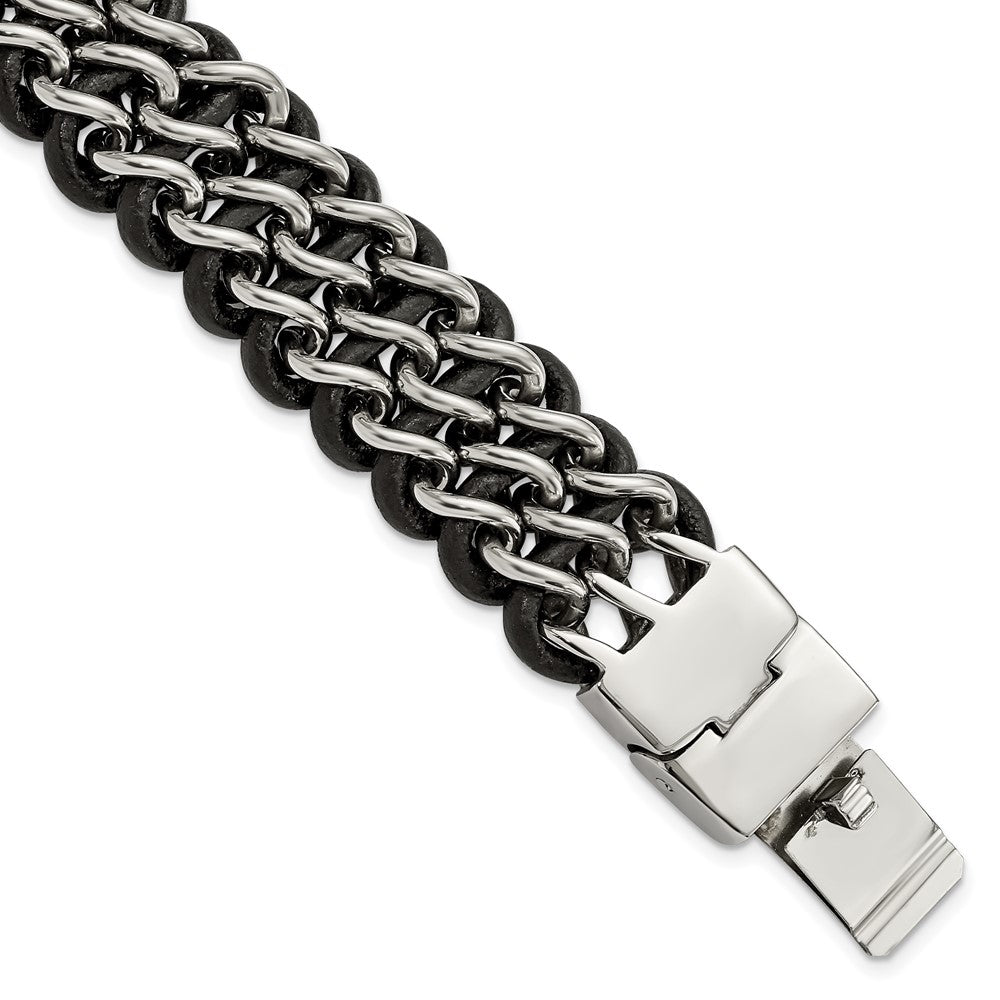 Chisel Stainless Steel Polished Black Leather 8.75 inch Bracelet, 8.75 x 26 mm