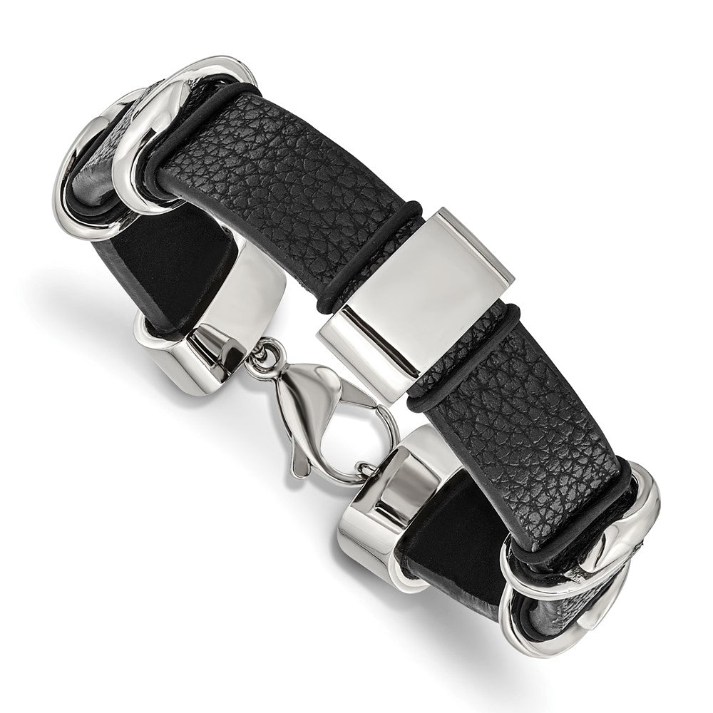 Stainless Steel Polished Black Leather 8.5in Bracelet, 8.5 mm, 28.79 g