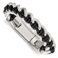 Stainless Steel Polished Black Leather 8.5in Bracelet, 8.5 mm, 109.51 g