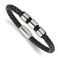 Chisel Stainless Steel Brushed and Polished Braided Black Leather 8.5 inch Bracelet, 8.5 x 6.5 mm