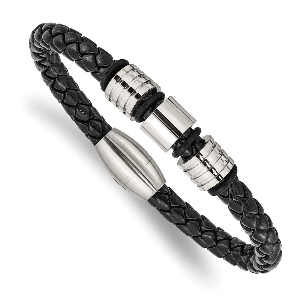 Chisel Stainless Steel Brushed and Polished Braided Black Leather 8.5 inch Bracelet, 8.5 x 6.5 mm