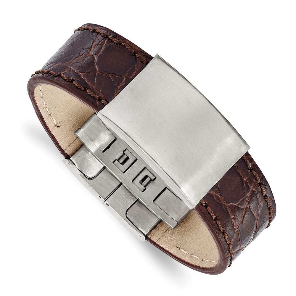 Stainless Steel Brushed Dark Brown Leather 8.5in ID Bracelet, 8.5 x 23.37 mm