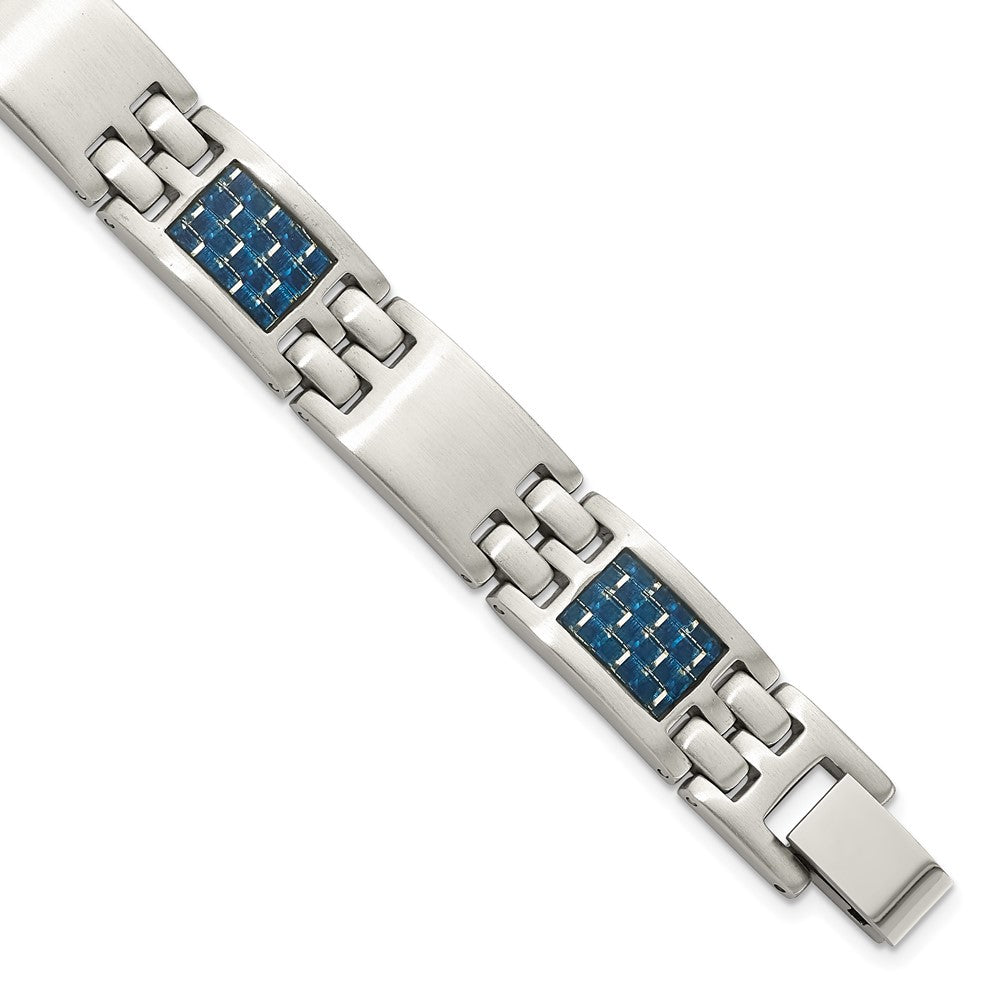 Chisel Stainless Steel Brushed with Blue Carbon Fiber Inlay 8.5 inch Link Bracelet, 8.5 x 10.5 mm