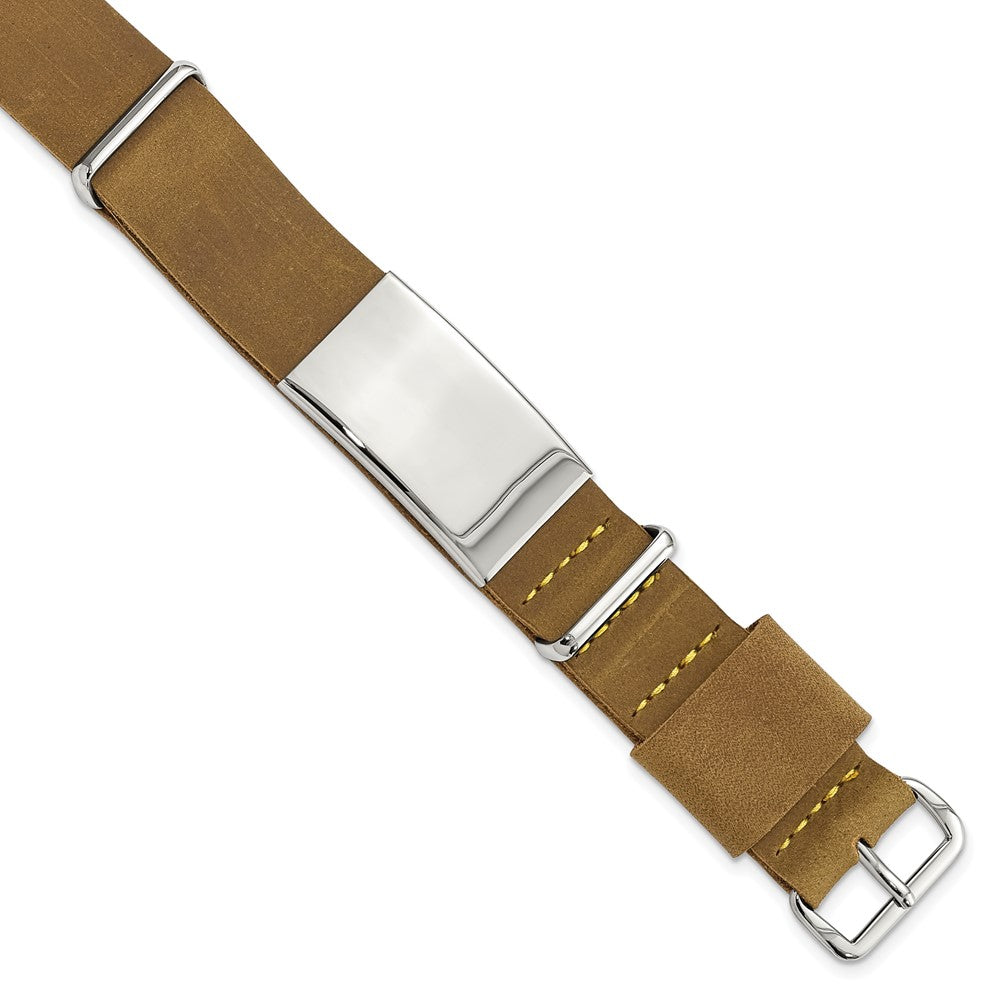 Stainless Steel Polished Brown Leather Adj. ID Bracelet, 9 x 21.2 mm