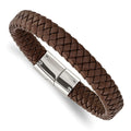 Chisel Stainless Steel Polished Brown Braided Leather 8.5 inch Bracelet, 8.5 x 12 mm