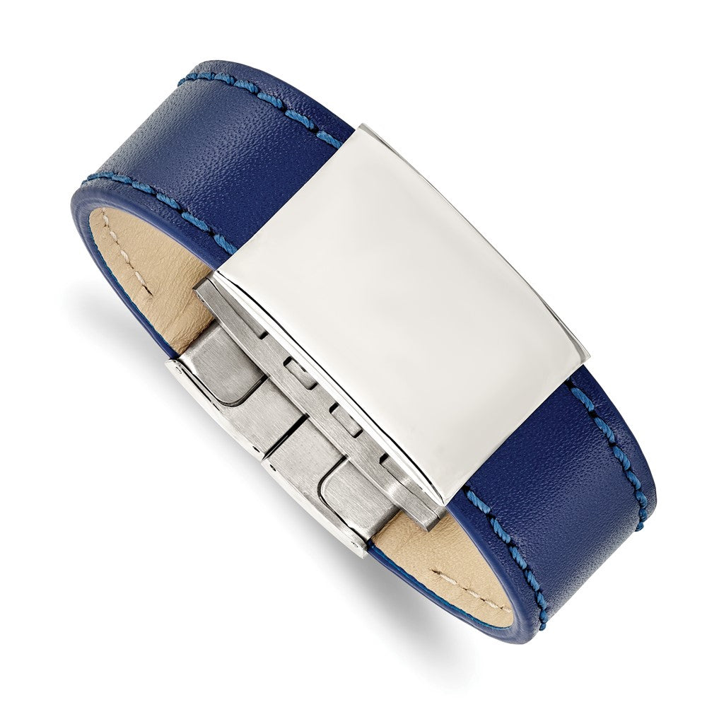 Stainless Steel Polished Blue Leather 8.25in ID Bracelet, 8.25 x 23.44 mm