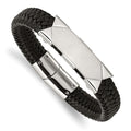 Chisel Stainless Steel Brushed and Polished Braided Black Leather 8.5 inch ID Bracelet, 8.5 x 13 mm