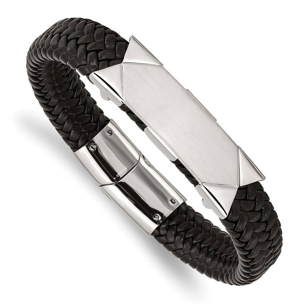 Chisel Stainless Steel Brushed and Polished Braided Black Leather 8.5 inch ID Bracelet, 8.5 x 13 mm
