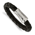 Chisel Stainless Steel Polished and Textured Black Braided Leather 8.5 inch Bracelet, 8.5 x 12 mm