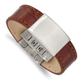 Stainless Steel Brushed Medium Brown Leather 8.5in ID Bracelet, 8.5 x 23.33 mm