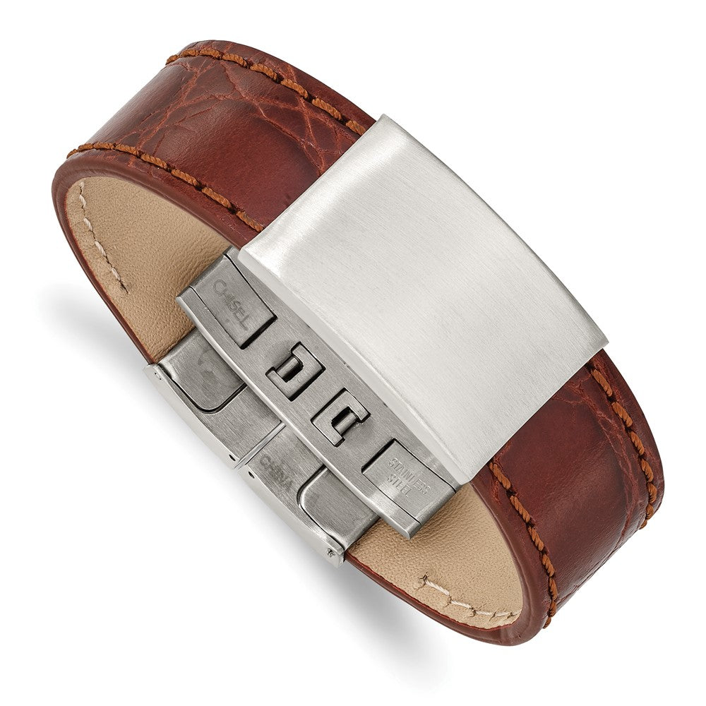 Stainless Steel Brushed Medium Brown Leather 8.5in ID Bracelet, 8.5 x 23.33 mm