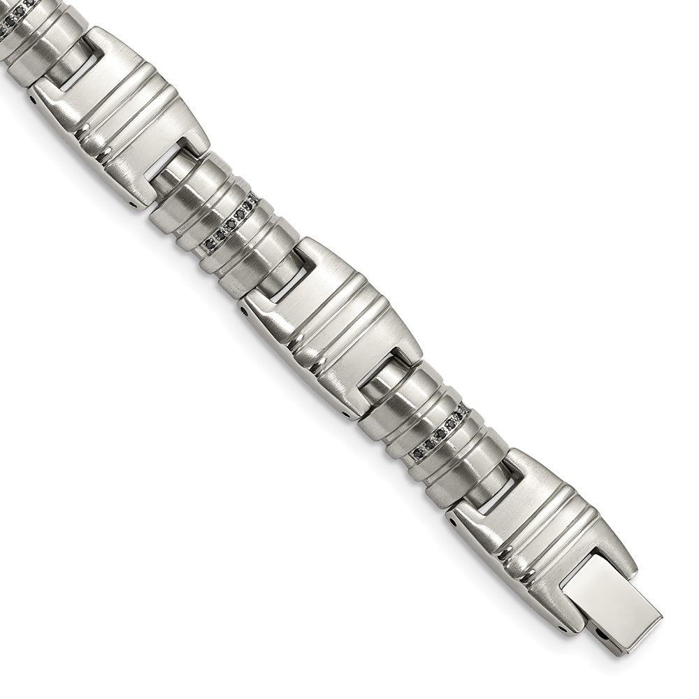 Chisel Stainless Steel Brushed and Polished with Black CZ 8.25 inch Fancy Link Bracelet, 8.25 x 12.5 mm