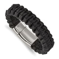 Stainless Steel Polished Flat Braided Black Leather 8.5in Bracelet, 8.5 mm