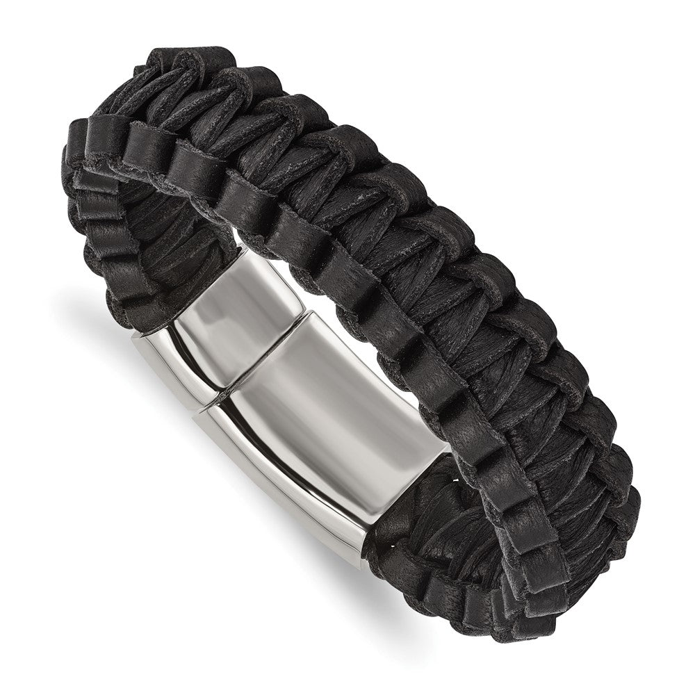 Stainless Steel Polished Flat Braided Black Leather 8.5in Bracelet, 8.5 mm