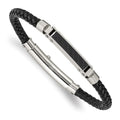 Chisel Stainless Steel Polished and Textured Black IP-plated Black Braided Leather Adjustable 7.5 and 8 inch Bracelet, 6 mm