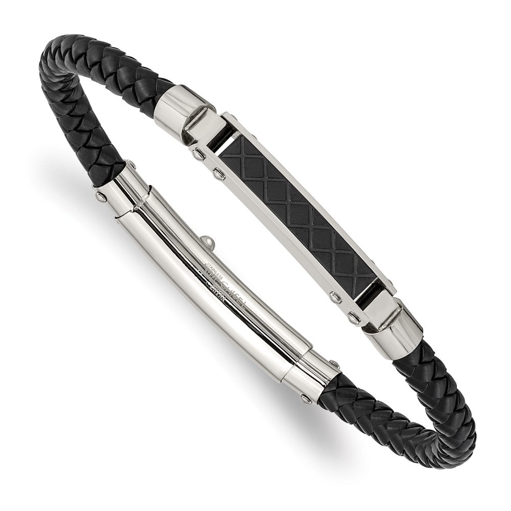 Chisel Stainless Steel Polished and Textured Black IP-plated Black Braided Leather Adjustable 7.5 and 8 inch Bracelet, 6 mm