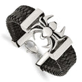 Chisel Stainless Steel Antiqued and Polished Spider Black Braided Leather 8.5 inch Bracelet, 8.5 x 21 mm