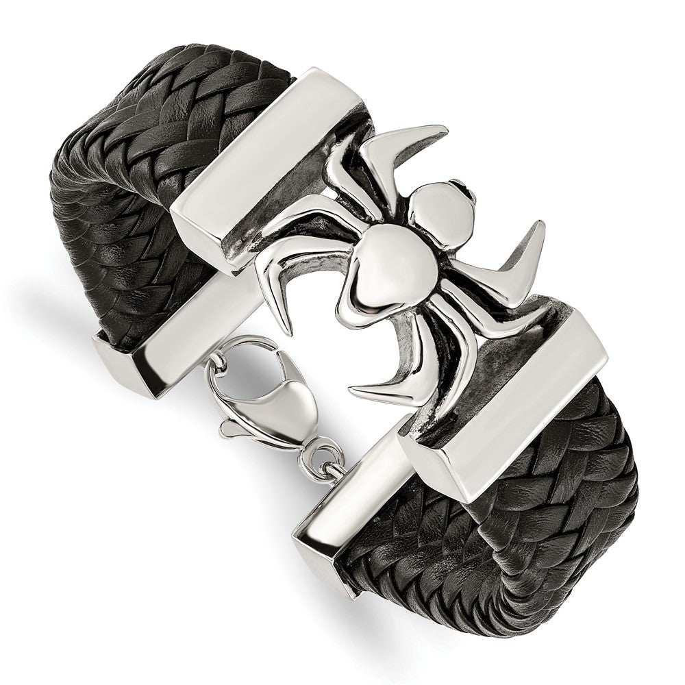 Chisel Stainless Steel Antiqued and Polished Spider Black Braided Leather 8.5 inch Bracelet, 8.5 x 21 mm