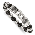 Chisel Stainless Steel Antiqued and Polished 10mm Black Agate Beaded Stretch Bracelet, 7.5 x 10 mm