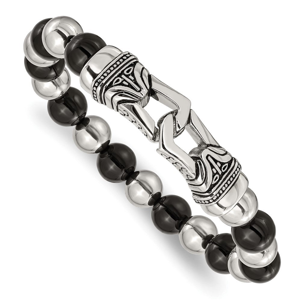 Chisel Stainless Steel Antiqued and Polished 10mm Black Agate Beaded Stretch Bracelet, 7.5 x 10 mm