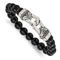 Chisel Stainless Steel Antiqued and Polished 10mm Black Agate Beaded Stretch Bracelet, 7.75 x 10 mm