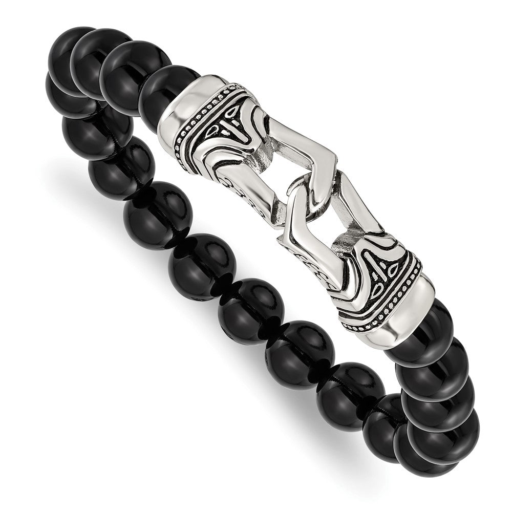 Chisel Stainless Steel Antiqued and Polished 10mm Black Agate Beaded Stretch Bracelet, 7.75 x 10 mm