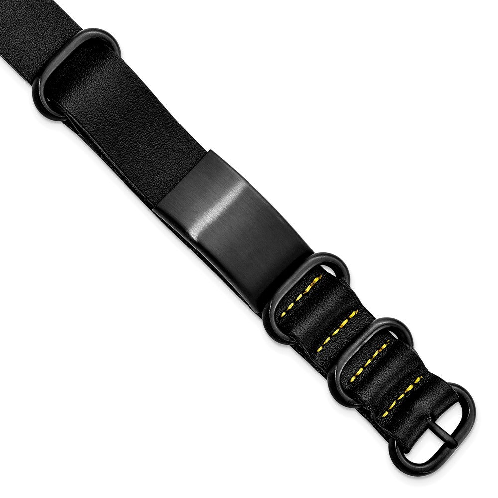 Stainless Steel Brushed Black IP-plated Black Leather Adj. ID Bracelet, 19.75 mm