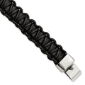 Stainless Steel Polished Rounded Braided Black Leather 8.5in Bracelet, 8.5 x 23 mm