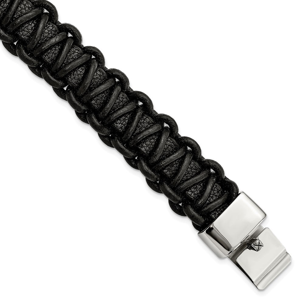 Stainless Steel Polished Rounded Braided Black Leather 8.5in Bracelet, 8.5 x 23 mm