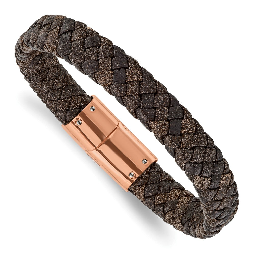 Chisel Stainless Steel Polished Rose IP-plated Brown Braided Leather 8.5 inch Bracelet, 8.5 x 13 mm