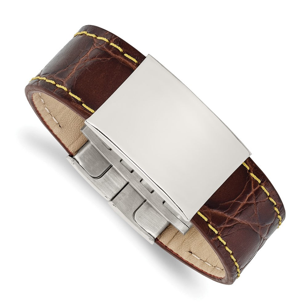 Stainless Steel Polished Brown Leather/Yellow Stitch 8.5in ID Bracelet, 8.5 x 23.41 mm