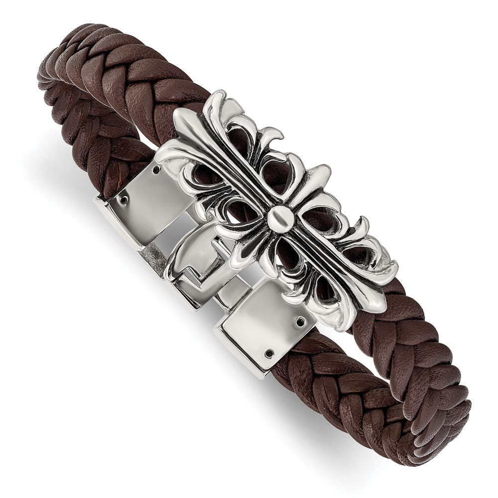 Chisel Stainless Steel Antiqued and Polished Cross Braided Brown Leather 8.5 inch Bracelet, 8.5 x 9.5 mm