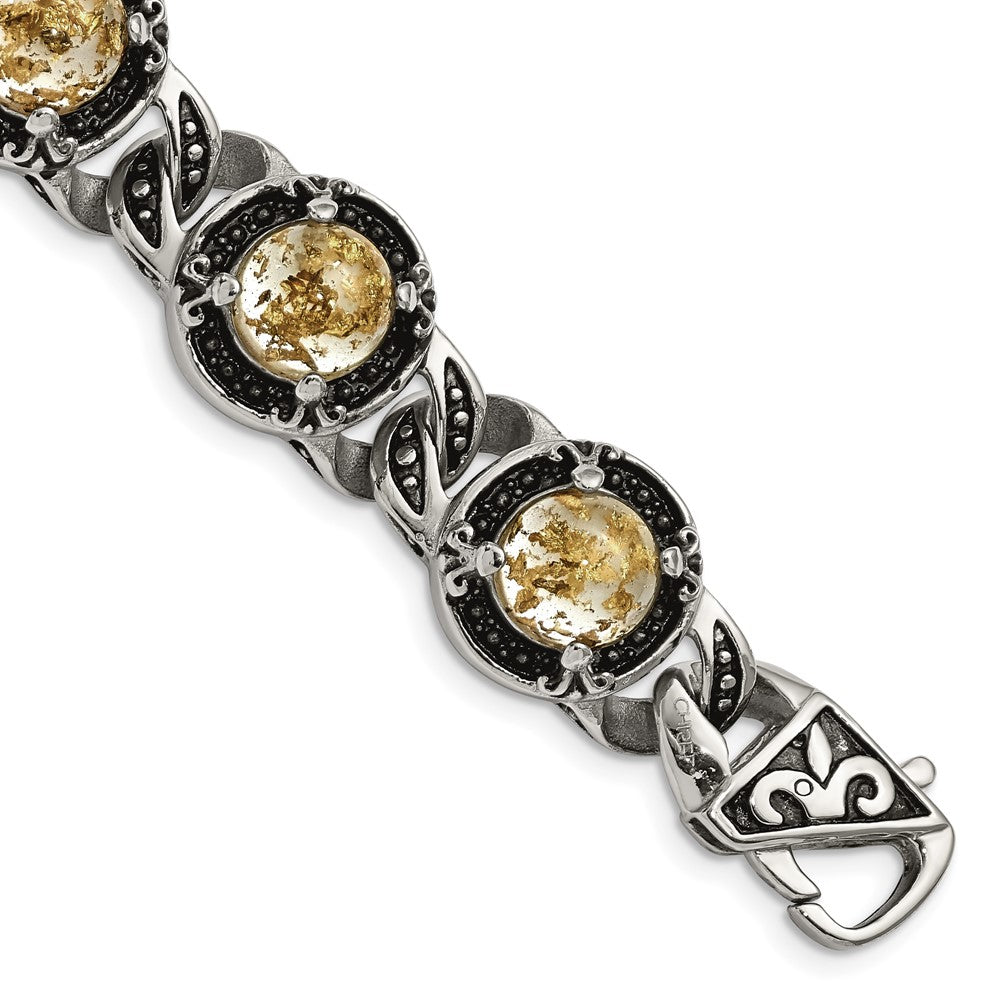 Chisel Stainless Steel Antiqued and Polished with Gold Tin Epoxy Resin 9 inch Link Bracelet, 9 x 20 mm