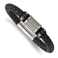 Chisel Stainless Steel Polished and Textured Black IP-plated Black Braided Leather and Rubber 8.5 inch Bracelet, 8.5 x 9 mm