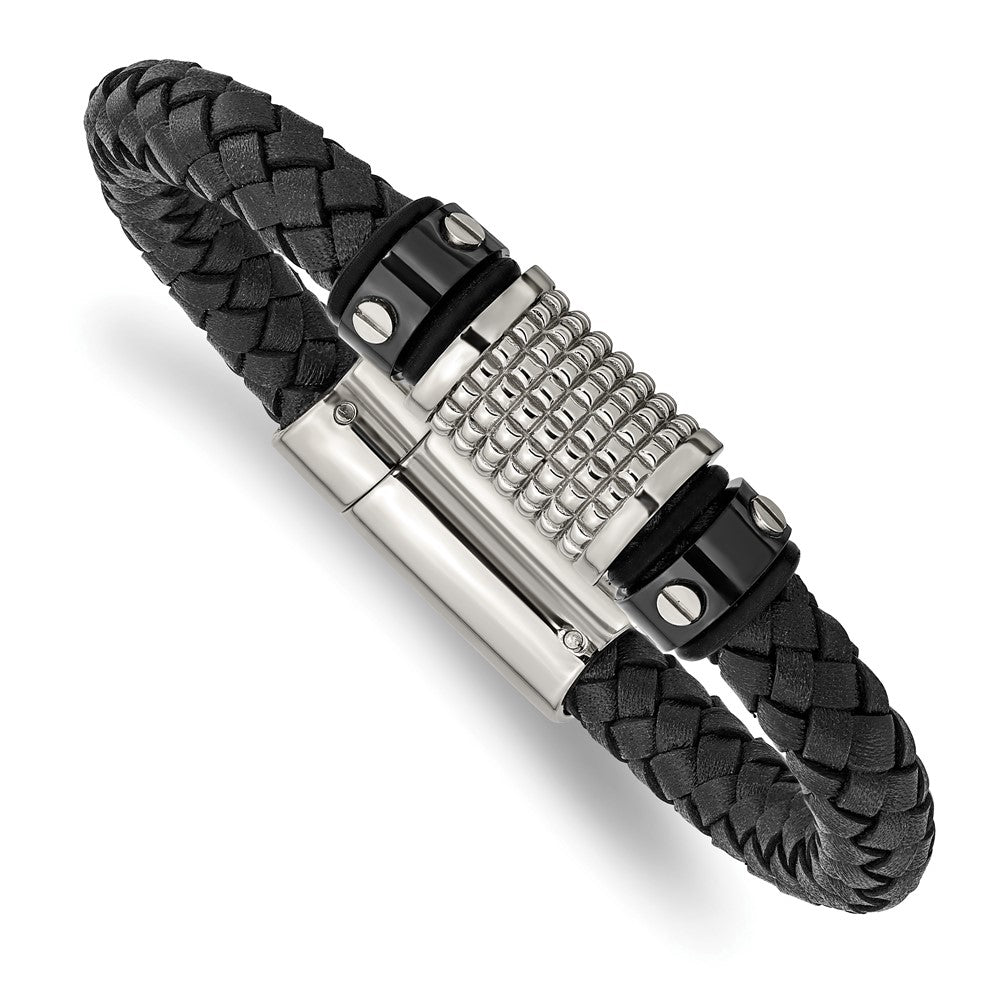 Chisel Stainless Steel Polished and Textured Black IP-plated Black Braided Leather and Rubber 8.5 inch Bracelet, 8.5 x 9 mm