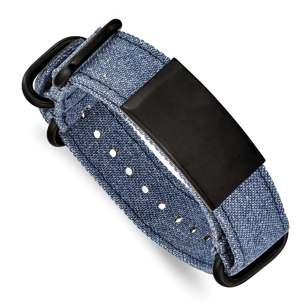 Stainless Steel Brushed Black IP-plated Blue Jean Fabric Adj. ID Bracelet, 19.75 mm