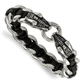 Chisel Stainless Steel Antiqued and Polished Dragon Head Curb Chain with Black Leather 8.5 inch Bracelet, 8.5 x 14 mm