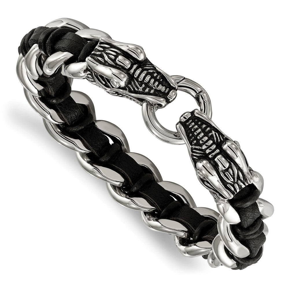 Chisel Stainless Steel Antiqued and Polished Dragon Head Curb Chain with Black Leather 8.5 inch Bracelet, 8.5 x 14 mm