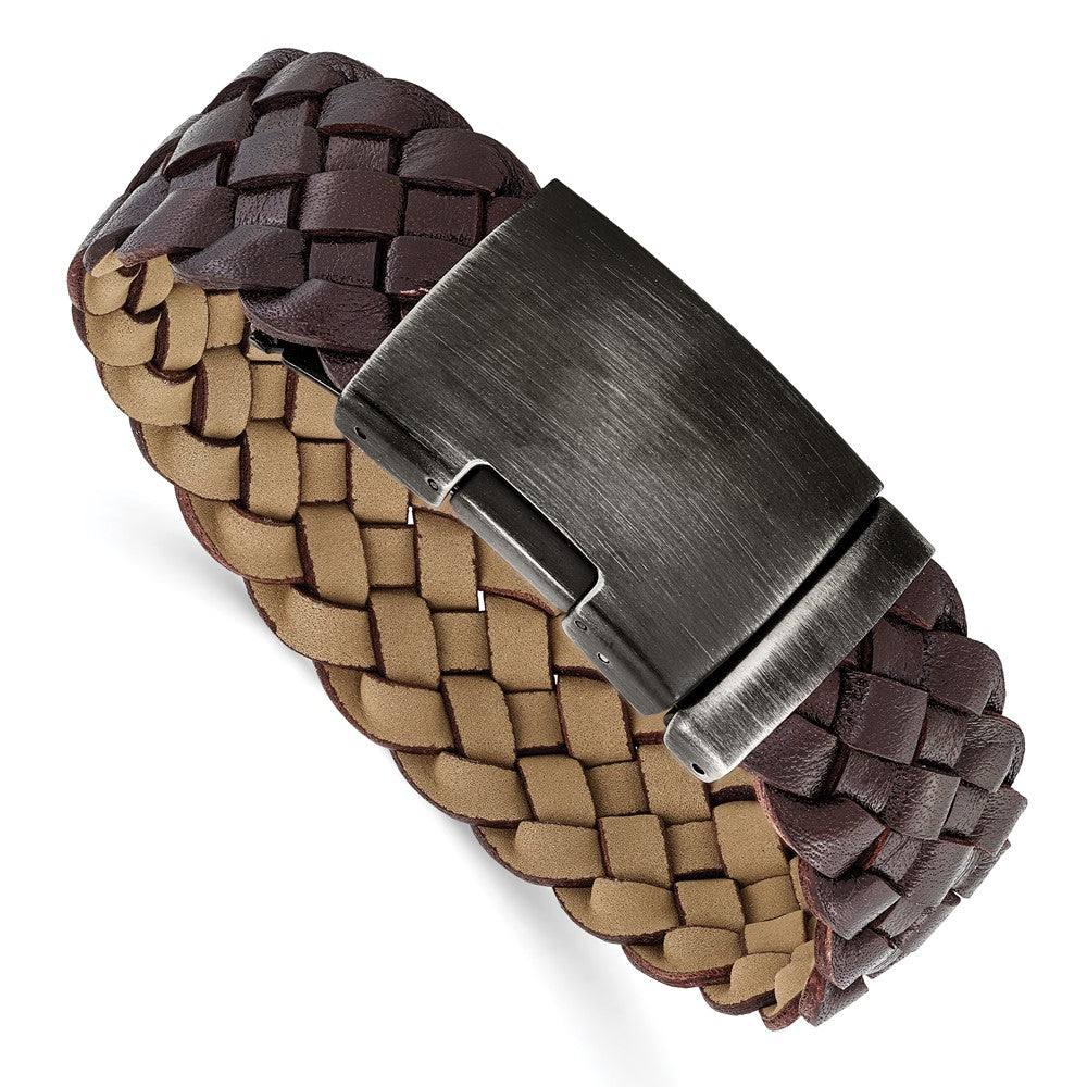 Stainless Steel Antiqued and Brushed Brown Braided Leather 9in Bracelet, 9 x 23.81 mm