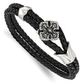 Stainless Steel Polished Black IP w/CZ Braided Black Leather 8in Bracelet, 8 mm