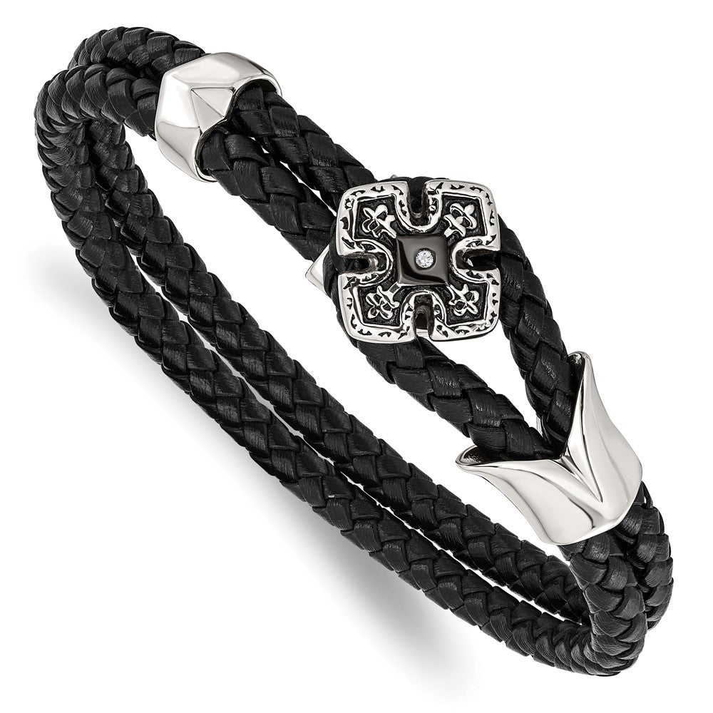 Stainless Steel Polished Black IP w/CZ Braided Black Leather 8in Bracelet, 8 mm