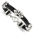 Stainless Steel Antiqued & Polished Fleur De Lis Black Leather Bracelet, 8.5 mm